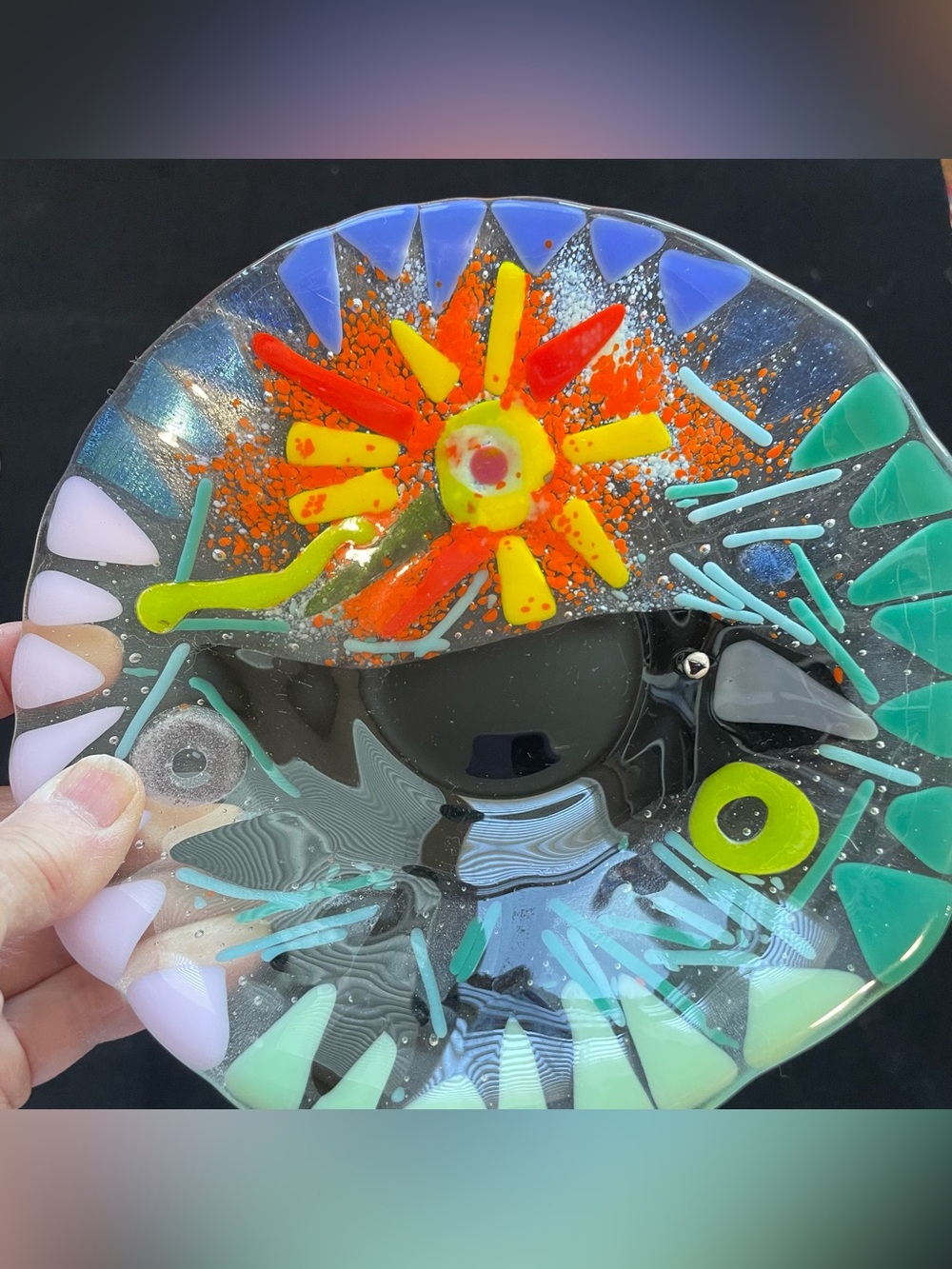 Crow With Sunflower “Fused Art Glass  Round Original Handmade 7x3”Bowl